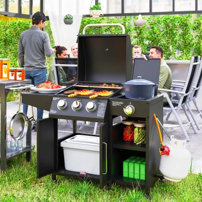 Outsunny 3+1 Burner Gas BBQ Grill with Cabinet Black