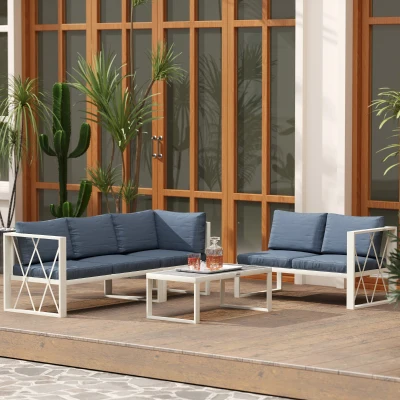 Outsunny Conjunto de Jardim de 4 Peças em Forma de L com 2 Sofás Sofá de Canto com Assento Ajustável e Mesa de Centro Bege e Cinza