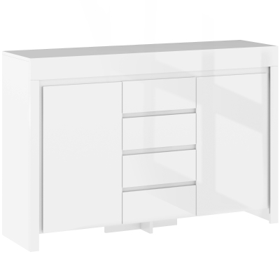 HOMCOM Aparador Sala de Estar com Luzes LED 4 Gavetas Prateleiras Ajustáveis e Controlo Remoto 120x34x80 cm Branco Brilhante