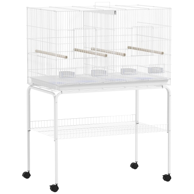 PawHut Gaiola para Pássaros com Divisória Rodas Gaiola para Aves com Comedouros Poleiros e Bandeja Removível 94x57x128 cm Branco
