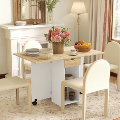 HOMCOM Mesa de Cozinha Dobrável com Rodas Laterais Rebatíveis Gaveta e Prateleiras para 2-4 Pessoas 120x72x75 cm Madeira Branco