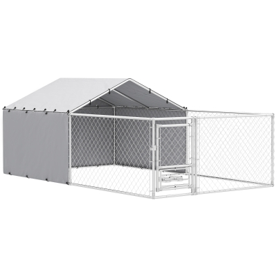 PawHut Recinto per Cani con Coperture e Ciotole Girevoli, in Acciaio e tessuto Oxford, 4x2.3x1.5 m, Argento