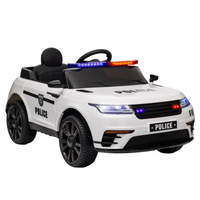 AIYAPLAY Carro Elétrico de Policia para Crianças com Bateria 12V Controlo Remoto Farol Buzina Sirene e Música 112x66x50 cm Branco