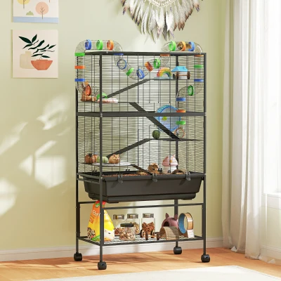 PawHut 5-Tier Hamster Cage with Wheels & Storage Shelf
