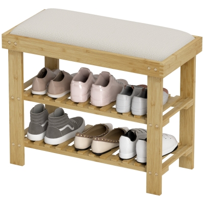 HOMCOM Schoenenbank met Zitvlak, Bamboe Zitbank met Opbergruimte, 2 Open Vakken, Bank 60 x 29 x 49 cm Crèmewit