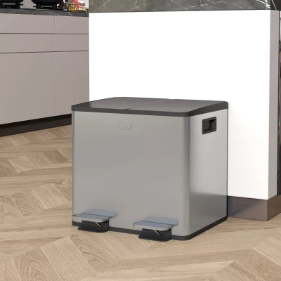 HOMCOM Balde de Lixo de Cozinha com 2 Compartimentos 2x15L Fechamento Suave e Rolo de 30 Bolsas de Lixo 41,7x36,6x43,2 cm Prata