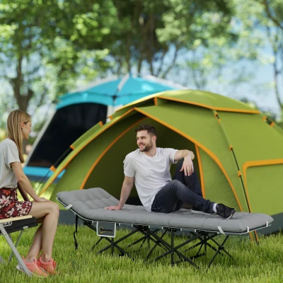 Outsunny Feldbett faltbar Campingbett mit Matratze Kopfkissen Seitentasche 190 x 65 x 37 cm bis 150 kg Hellgrau