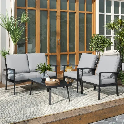 Outsunny Set da Giardino con 2 Poltrone, Divano e Tavolino Grigio