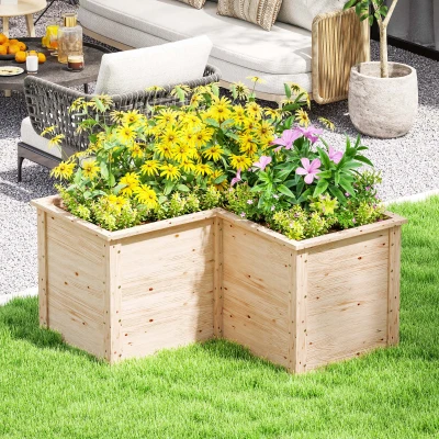 Outsunny Jardinière en L Bois Naturel 120x120x62cm Lit Surélevé