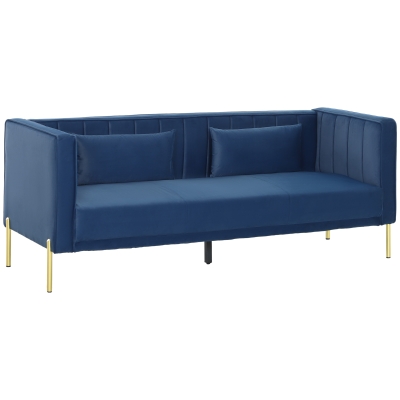 HOMCOM Sofá de 3 Lugares Estofado em Veludo com 2 Almofadas Apoio para os Braços e Pés Dourados 194,5x76x76 cm Azul Marinho