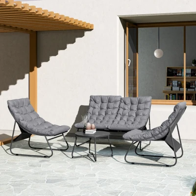 Outsunny 4-Sitzer Gartenmöbel-Set, 2 Stühle, 1 Doppel-Sofa, 1 Tisch, dicke Kissen, Stahlrahmen, für Terrasse, Grau