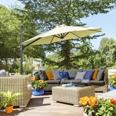 Outsunny 3m LED Cantilever Parasol with Base Beige