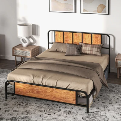 HOMCOM King Bed Frame Steel Slat Rustic Brown 160x207cm