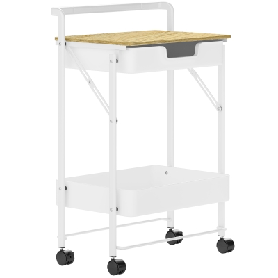 HOMCOM Carrinho Auxiliar com Rodas de 2 Níveis Carrinho de Cozinha com 1 Gaveta e 1 Cesto Carrinho Organizador 45x29,5x68 cm Branco