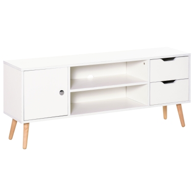 HOMCOM Armário de TV Grande armazenamento com armário prateleiras e gavetas abertas Carga 30 kg 120x28x44 cm Branco