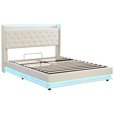 Double Upholstered Bed Frame with Hydraulic Storage, Beige