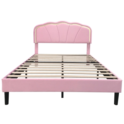 Double Upholstered Bed with LED Adjustable Shell Headboard, Pink