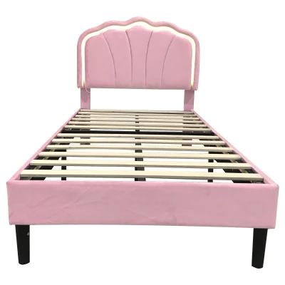 Single Upholstered Bed with LED Adjustable Shell Headboard, Pink