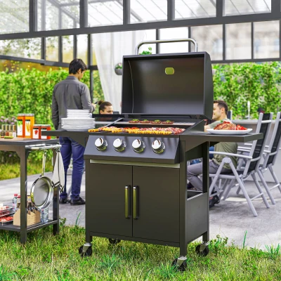 Outsunny 4 Burner Gas BBQ Grill Portable Trolley with Storage