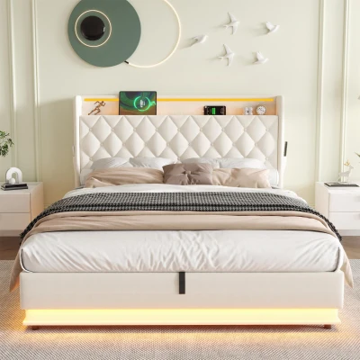 Double Upholstered Bed Frame with Hydraulic Storage, Beige | Aosom UK
