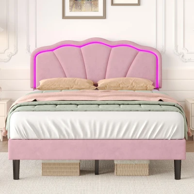 Double Upholstered Bed with LED Adjustable Shell Headboard, Pink