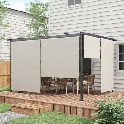 Outsunny Pérgola de Jardín Cenador para Exterior con Techo Retráctil y 4 Cortinas Enrollables 4x3 m Crema