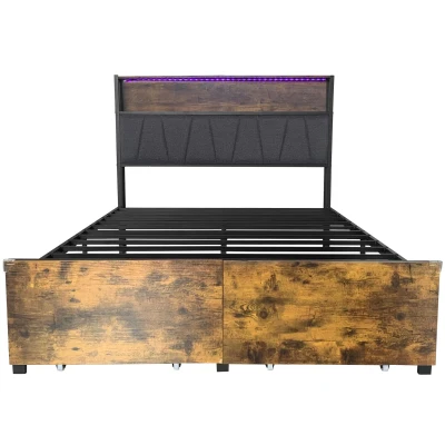 Double Bed Frame with Storage Drawers, Black + Dark Walnut
