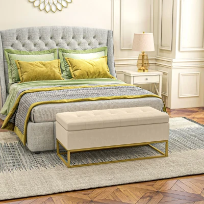 HOMCOM Sitzbank mit Stauraum, dekorative Knopfheftung, Flanelloptik, goldfarbene Stahlbeine, 110 x 47 x 46,5 cm