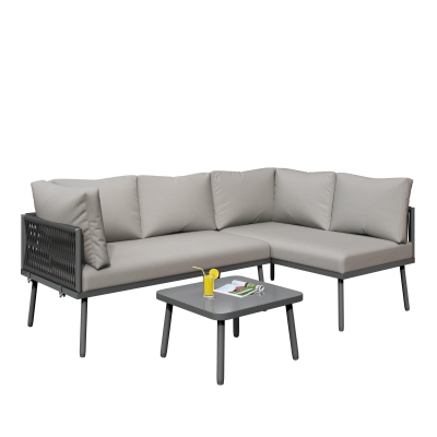 Modern Space-Saving L-Shaped Corner Sofa with Glass Coffee Table, Grey