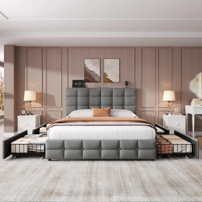 Double Upholstered Bed with 4 Storage Drawers and Charging Station, Grey