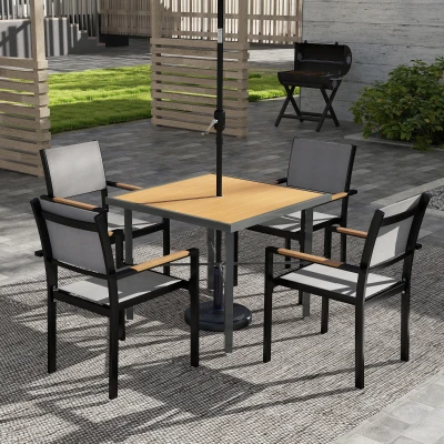 Outsunny Garden Table, 90cm Square Outdoor Patio Dining Table with 4.2 cm Umbrella Hole, Metal Frame, Wood Effect Top, for Terrace, Balcony, Natural Wood Finish