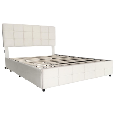 Double Upholstered Bed with 4 Storage Drawers and Charging Station, Beige