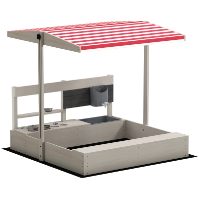 Outsunny Arenero de Madera para Niños con Techo Regulable con Juguetes de Cocina Juego para Niños de 3-7 Años 114x110x110 cm Gris