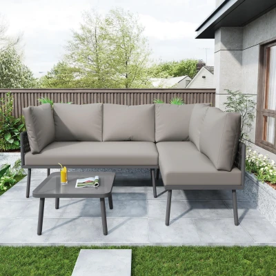 Modern Space-Saving L-Shaped Corner Sofa with Glass Coffee Table, Grey