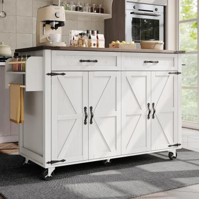 Farmhouse Style Kitchen Island Trolley with Adjustable Shelf, White