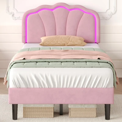 Single Upholstered Bed with LED Adjustable Shell Headboard, Pink