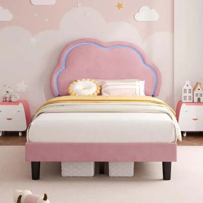 Single Upholstered Bed with Adjustable Cloud Headboard and RGB LED, Pink