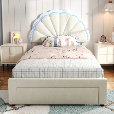 Upholstered Single Bed with Shell Backrest, Beige