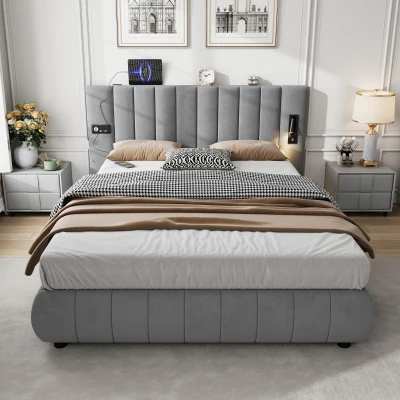 Upholstered King Size Bed with Stereo and Charging Ports, Grey