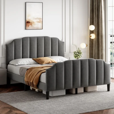 Double Upholstered Bed Frame with Adjustable Channel-Tufted Headboard, Grey