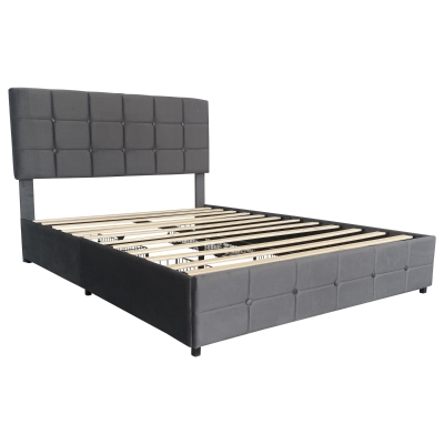 Double Upholstered Bed with 4 Storage Drawers and Charging Station, Grey