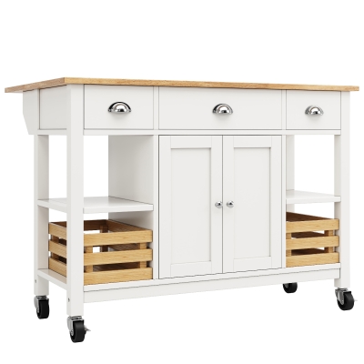 Rolling Kitchen Island Trolley with Adjustable Shelf, White