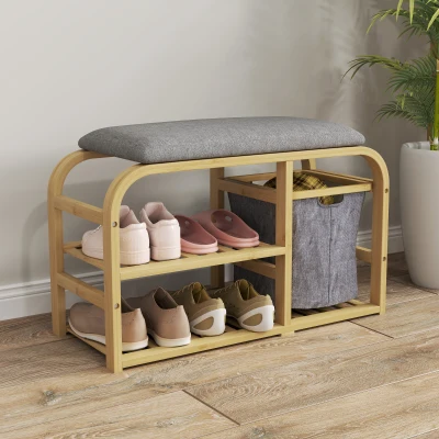 HOMCOM Panca Scarpiera a Doghe con Cestino 70x30x45cm Legno