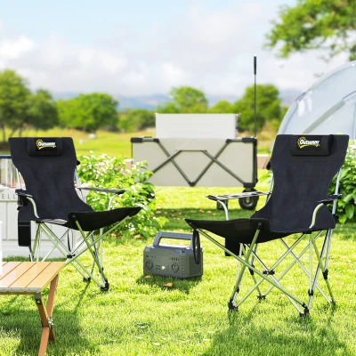Outsunny 2er Set Campingstuhl faltbar Angelstuhl mit abnehmbar Fußstütze Getränkehalter belastbar 120 kg Schwarz