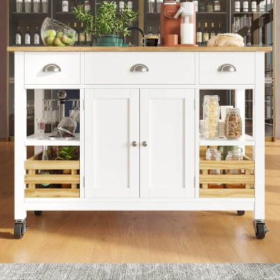 Rolling Kitchen Island Trolley with Adjustable Shelf, White