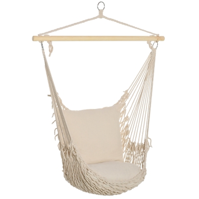 Outsunny Cadeira Suspensa Cadeira Rede Suspensa com 2 Almofadas de Algodão Barra de Madeira para Interior e Exterior 120x90 cm Creme