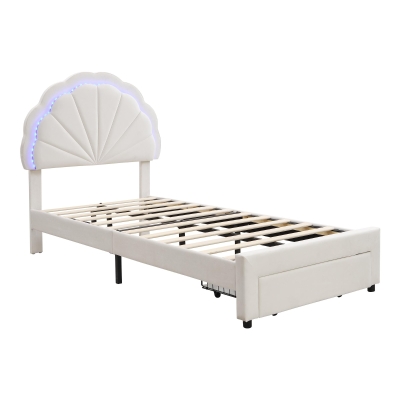 Upholstered Single Bed with Shell Backrest, Beige