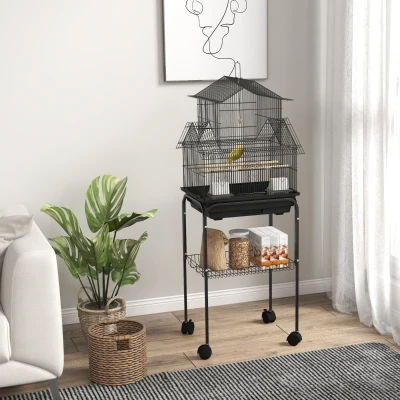 PawHut Jaula de pájaros diseño casa comederos perchas 3 puertas bandeja excrementos desmontable + asa transporte Negro