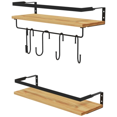 HOMCOM Set von 2 Wandregalen mit 6 abnehmbaren Haken und Stange, Industriestil für Küche, Badezimmer, Holz Stahl