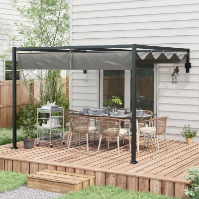 Outsunny Pergola Gazebo 3x4 m mit ausziehbarem Dach und Drainagelöchern, aus Stahl und Polyester, Dunkelgrau